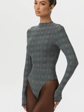 naked wardrobe Gray Plaid Long-Sleeve Bodysuit Jumpsuit